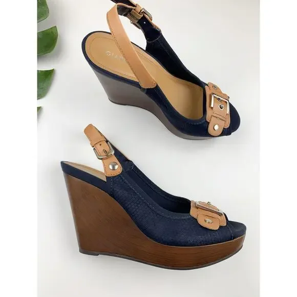 Gianni Bini Platform Wedge Heel Sandals Blue Tan Peep Toe Slingback Women's 8.5 - Picture 1 of 10